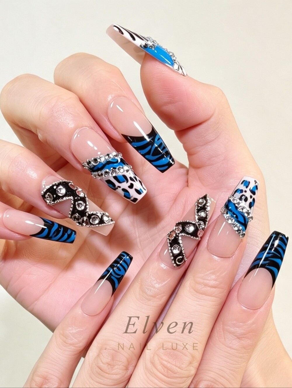 Y2K Nude Long Coffin Press On Nails With Blue Zebra Leopard Print & Rhinestones